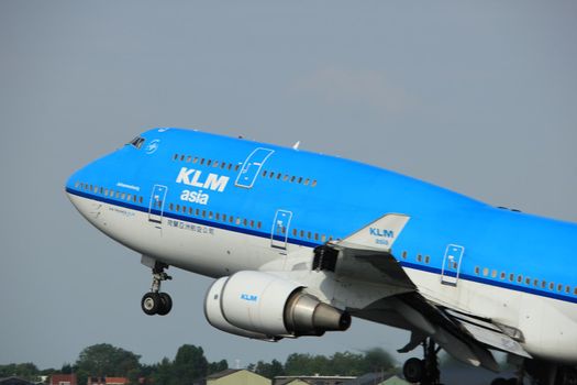 Amsterdam, the Netherlands  -  June 2nd, 2017: PH-BFY KLM Royal Dutch Airlines Boeing 747-406 taking off from Polderbaan Runway Amsterdam Airport Schiphol