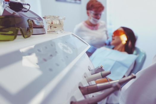 Close up view at set of dentist tools in modern dental office.