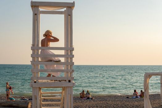 Tower life lifeguard beach sunrise paradise ocean vacation surf tourism, concept saving shore in station and holiday emergency, iconic background. Scenery chair hut,