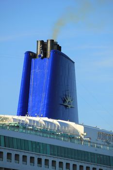 Velsen, The Netherlands - May, 31st 2017: Aurora P&O Cruises on North Sea Channel, detail of funnel