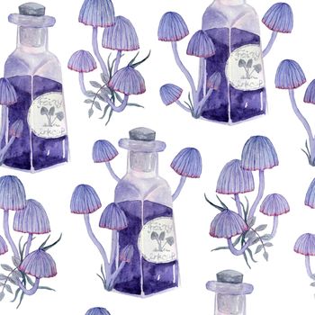 Watercolor hand drawn seamless pattern with apothecary potion brew purple witch forest herbs, leaves. Spooky horror witchcraft Halloween background. Wood mystic print