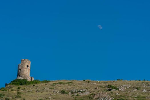 Crimea balaklava bay fortress cembalo flying balaclava mountain port scenic, concept sky summer for travel from beautiful blue, europe beach. Embankment russia peninsula, black