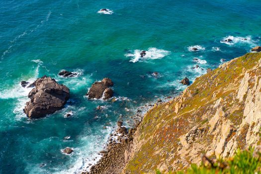 Atlantic ocean view with cliff. View of Atlantic Coast at Portugal, Cabo da Roca. Summer day. Seaside. Coastline. Beautiful landscape