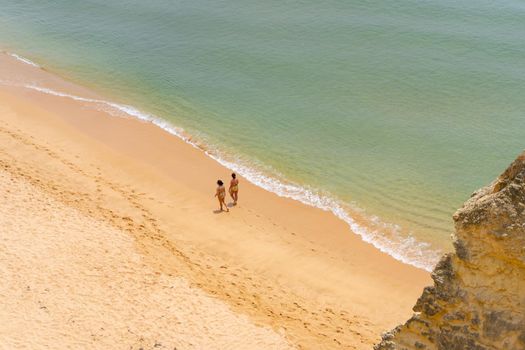 Aerial view of sea waves and sandy beach Atlantic ocean seashore