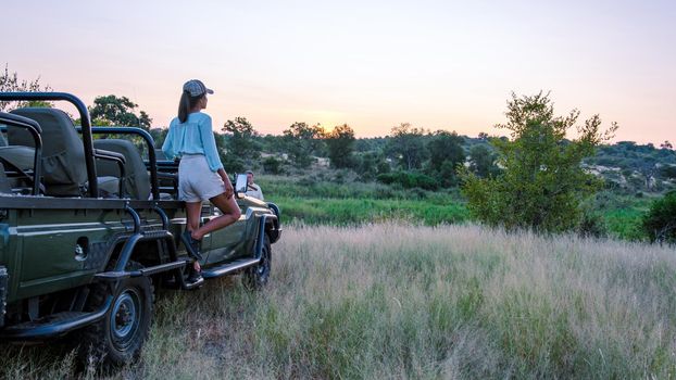 Asian women on a safari game drive in South Africa Kruger national park. women on safari. Tourist in a jeep looking sunset on safari