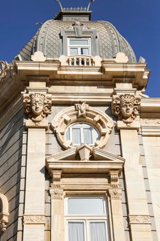 Cartagena, Murcia, Spain- July 17, 2022: Beautiful and colossal town hall of Cartagena city on a sunny day of summer