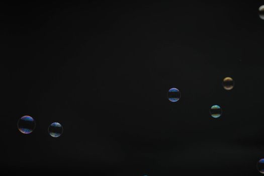 Flying soap bubbles on black background. Abstract soap bubbles with colorful reflections. Soap bubbles in motion background.