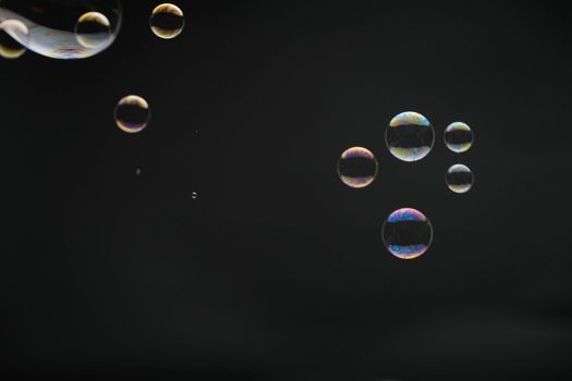 Flying soap bubbles on black background. Abstract soap bubbles with colorful reflections. Soap bubbles in motion background.