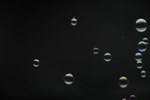 Flying soap bubbles on black background. Abstract soap bubbles with colorful reflections. Soap bubbles in motion background.