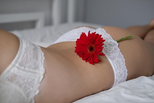Cropped view of young woman in lace panties with flower near underwear on bed. epilate bikini zone. oncept of female health, reproductive, gynecology. spa body beauty legs.