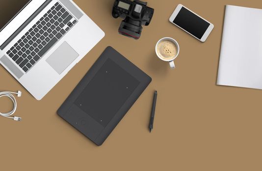 Minimal work space : Laptop, camera, coffee, camera, pen, pencil, notebook, smartphone stationery on brown background for copy space Flat lay top view