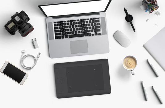 Minimal work space : Laptop, camera, coffee, camera, pen, pencil, notebook, smartphone stationery on white background for copy space Flat lay top view