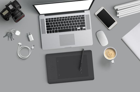 Minimal work space : Laptop, camera, coffee, camera, pen, pencil, notebook, smartphone stationery on gray background for copy space Flat lay top view