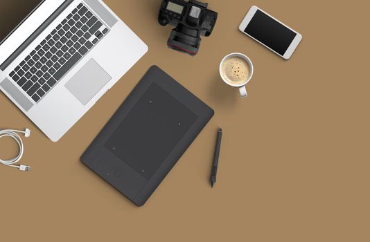 Minimal work space : Laptop, camera, coffee, camera, pen, pencil, notebook, smartphone stationery on brown background for copy space Flat lay top view
