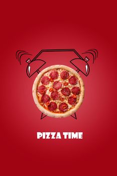 Pizza and alarm clock hand drawn illustration on red background. The inscription Pizza time. Creative design for menu, cafe, restaurant.