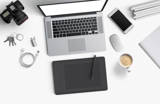 Minimal work space : Laptop, camera, coffee, camera, pen, pencil, notebook, smartphone stationery on white background for copy space Flat lay top view