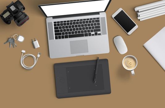 Minimal work space : Laptop, camera, coffee, camera, pen, pencil, notebook, smartphone stationery on brown background for copy space Flat lay top view