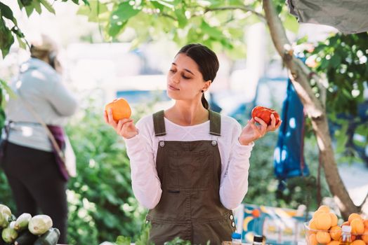 Young positive salesgirl at job, selling sells home-grown vegetables and fruits in vegetable shop