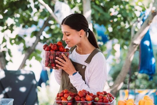 Young positive salesgirl at job, selling sells home-grown vegetables and fruits in vegetable shop