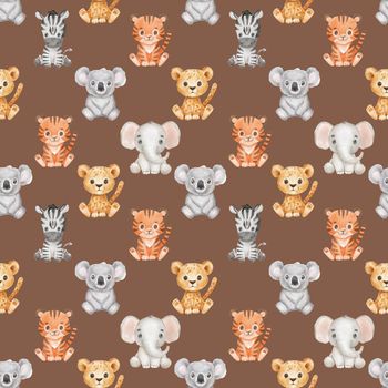 Seamless pattern with cute animals in cartoon style. Drawing african baby koala, elephant and tiger