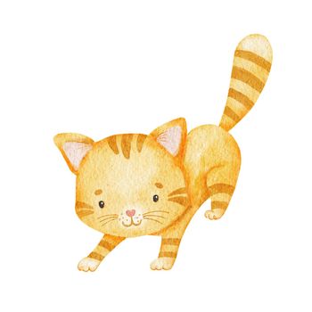 Cute funny cat. Watercolor character illustration Isolated on white background. Red kitty playing