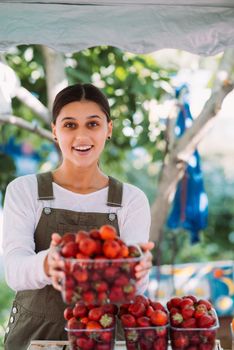 Young positive salesgirl at job, selling sells home-grown vegetables and fruits in vegetable shop