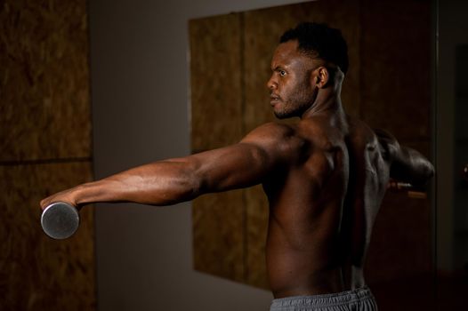 Attractive african american man doing arm exercises with dumbbells