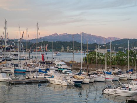 Panoramic view of La Spezia harbour at sunset