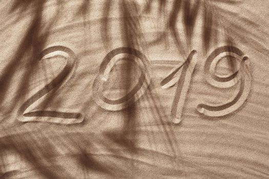 Summer concept with a shadow of a tropical palm tree leaves, copyspace on a white beach sand with 2019 inscription. Summertime lifestyle, flat lay, top view arrangement.