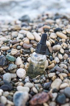 Cosmetic serum for the skin in a glass bottle. A bottle with an eyedropper on a pebble beach by the sea. Essences for skin care on the background of stones. The concept of natural cosmetics and SPA products.