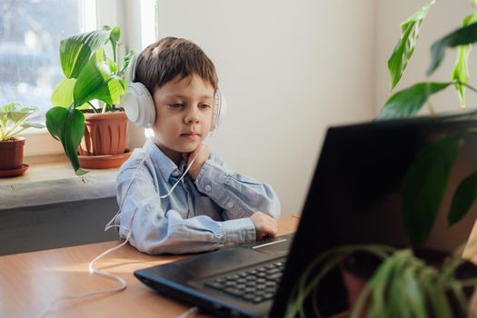 The boy is engaged in online education . Online training. Home schooling. A laptop. Child and technology. An article about the choice of education for a child. Article about home schooling online