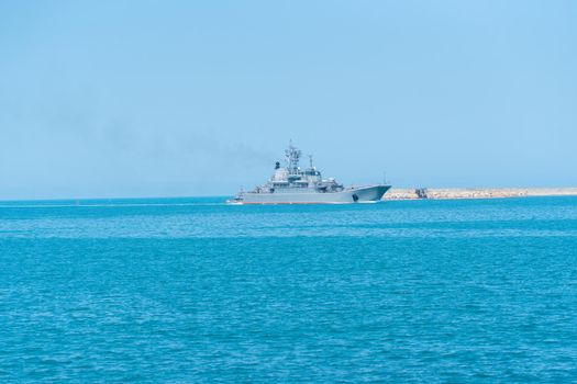 RUSSIA, CRIMEA - JUL 08, 2022: Russian military sevastopol group navy russia day sky city battleship, for boat crimea from frigate and harbor force, security defense. Destroyer steel missile,