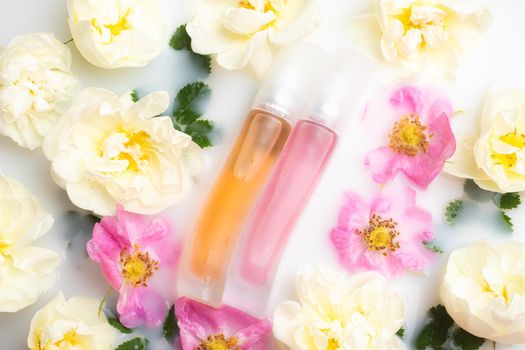 Perfume bottles with flowers . The choice of fragrance. Cosmetology. Cosmetic products. An article about perfume. Copy space.