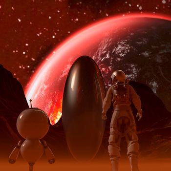 Astronaut and small robot facing a strange egg-shaped object on a desert alien planet at night - 3d rendering