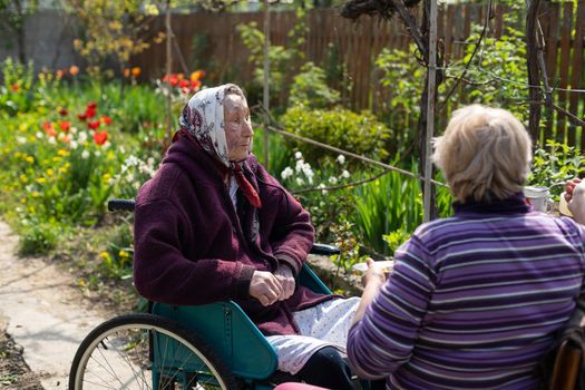 Disabled senior woman and nurse in park.