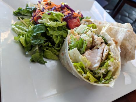 Caesar Salad Wrap - Mahi Mahi Fish Wrapped in a Flour Tortilla with Baby Romaine, House-made Ceasar Dressing and Parmesan Crisps with salad.