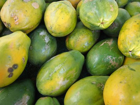 Close-up of Hawaiian papayas at a farmer's market in Oahu, Hawaii.