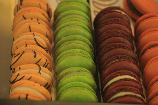 Macarons in various flavors and colors on display in a store