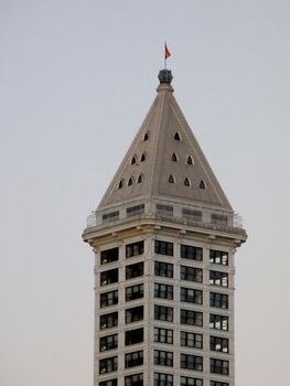 Seattle-- June 25, 2016:  Top of the Smith Tower building and observation deck during the day, 38-story 149 m tall building was completed in 1914, in downtown.