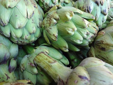 Pile of Artichoke on display at a farmers market in San Francisco, CA