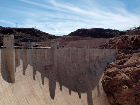 Hoover Dam in sunny day at the border of Arizona and Nevada on the Colorado River.