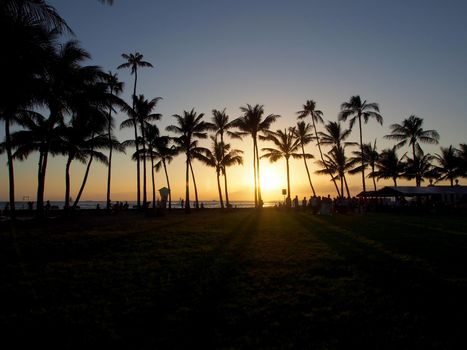 People watch and take photos of dramatic Sunset dropping behind the ocean through Coconut trees on Kaimana Beach by lifeguard tower 2H with boats on the water on Oahu, Hawaii. 