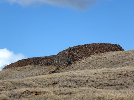 Puʻukoholā Heiau was built by Kamehameha in 1791 as a luakini heiau, Hawaii.  Puʻukoholā Heiau meaning "Temple on the Hill of the Whale" was the result, probably on the site of an older temple from about 1580. It was built entirely by hand with no mortar, in less than a year. The red stones were transported by a human chain about 14 miles long, from Pololū Valley to the East. Construction was supervised by Kamehameha's brother Keliʻimaikaʻi, involving thousands of people.