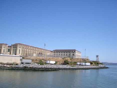 San Quentin State Prison California taken from a passing ferry with lookout tower.