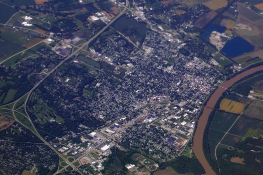 Aerial of City with Highway and Missouri River in the USA.