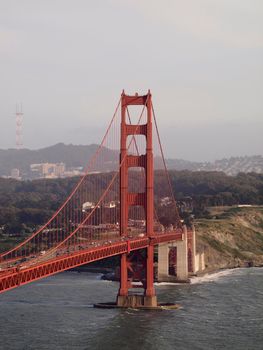 Aerial of Golden Gate Bridge, San Francisco Bay, and cityscape in California.  
