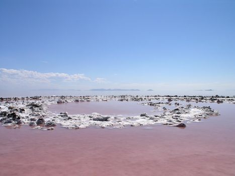 Center of the Spiral Jetty, Robert Smithson's masterpiece earthwork, which really has pink water due to unquie algae growing because of the high salt content is on the north side of the Great Salt Lake, about two-and-a-half hours from Salt Lake City.     Taken August 25, 2005.
