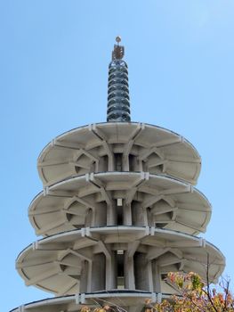 San Francisco - August 27, 2011: The San Francisco Peace Pagoda is a five-tiered concrete stupa between Post and Geary Streets at Buchanan in San Francisco's Nihonmachi (Japantown). The Pagoda, located in the southwestern corner of Peace Plaza between the Japan Center Mall and Nihonmachi Mall, was constructed in the 1960s and presented to San Francisco by its sister city Osaka, Japan on March 28, 1968.[1] It was designed by Japanese architect Yoshiro Taniguchi.