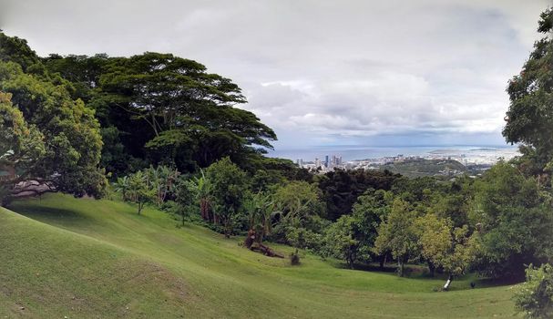 Panoramic Lawn of Nutridge Estate with Honolulu in the distance. Nutridge Estate is the first macadamia nut plantation in the State of Hawai'i.