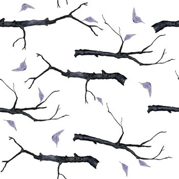 Watercolor hand drawn seamless pattern with dark branch purple witch forest herbs, leaves. Spooky horror witchcraft Halloween background. Wood mystic print